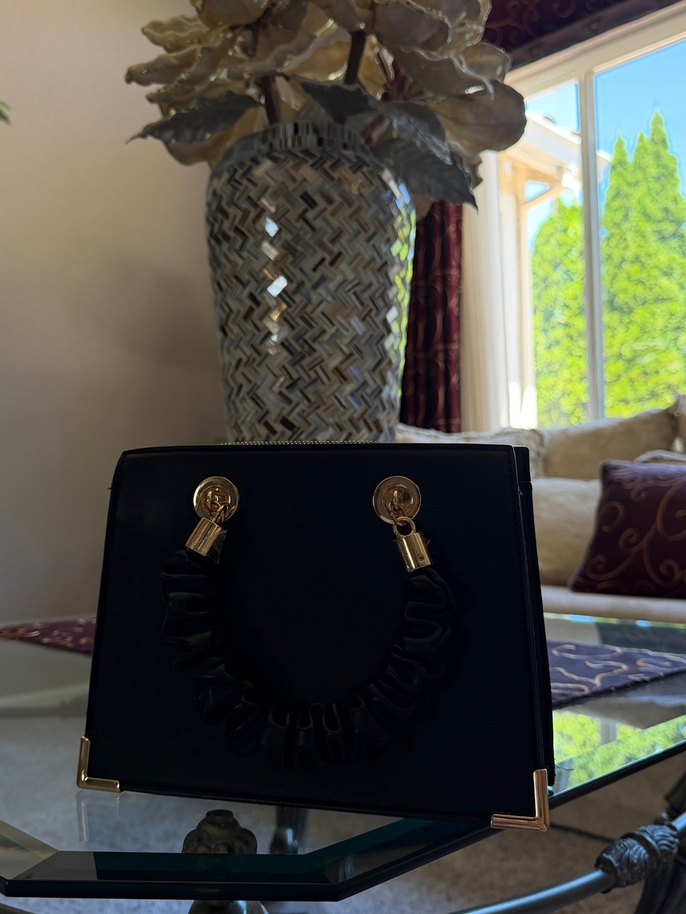 Aldo Handbag - Black Structured Top-Handle Bag with Gold Hardware